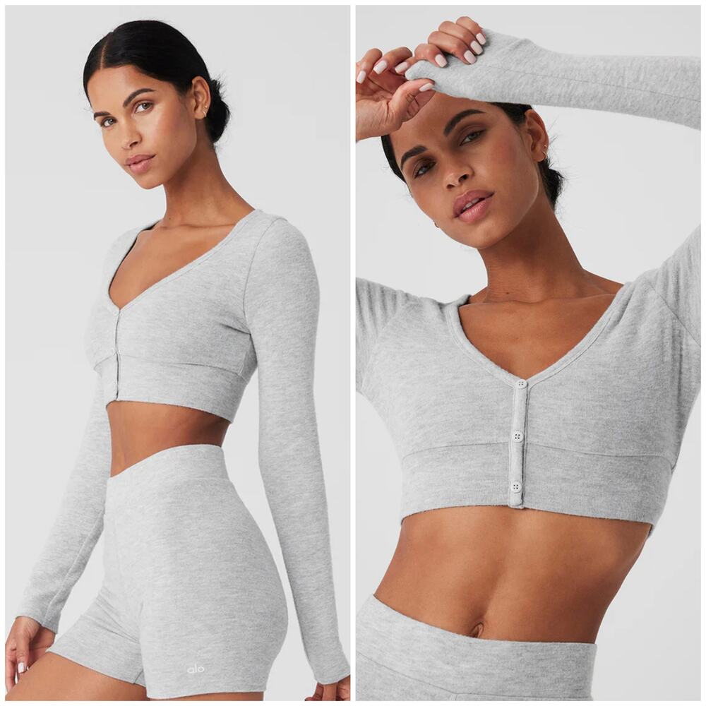 Alo Yoga Alolux Cropped Me Time Cardigan Size Small Light Grey Lounge Comfort